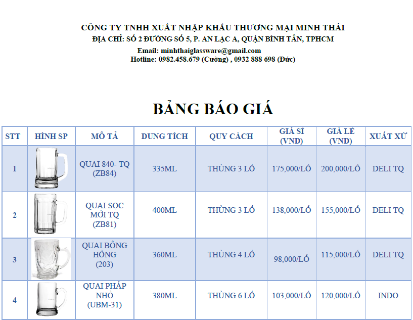 Bảng giá các sản phẩm - Thủy Tinh Minh Thái  - Công Ty TNHH Xuất Nhập Khẩu Thương Mại Minh Thái